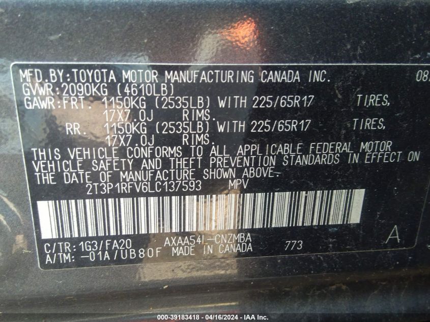 2T3P1RFV6LC137593 2020 Toyota Rav4 Xle