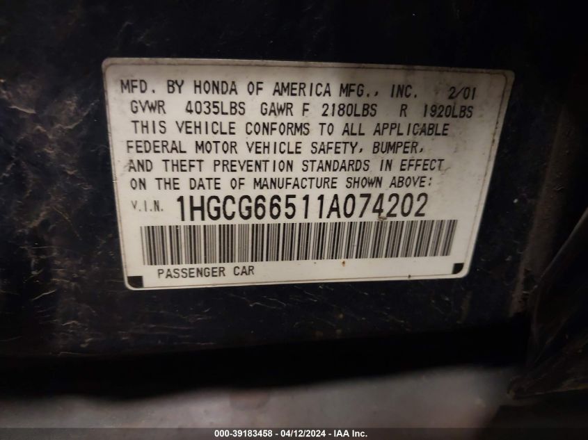 1HGCG66511A074202 | 2001 HONDA ACCORD