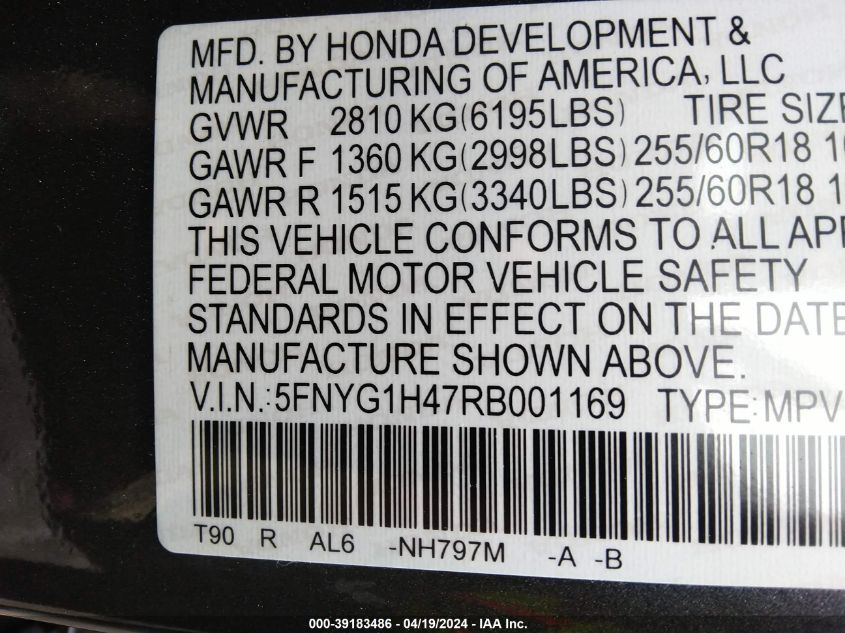 2024 Honda Pilot Awd Ex-L VIN: 5FNYG1H47RB001169 Lot: 39183486