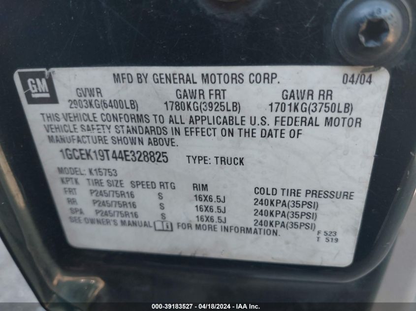 2004 Chevrolet Silverado 1500 VIN: 1GCEK19T44E328825 Lot: 39240122
