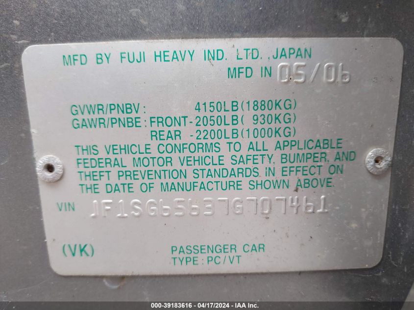 2007 Subaru Forester 2.5X VIN: JF1SG65637G707461 Lot: 39241716