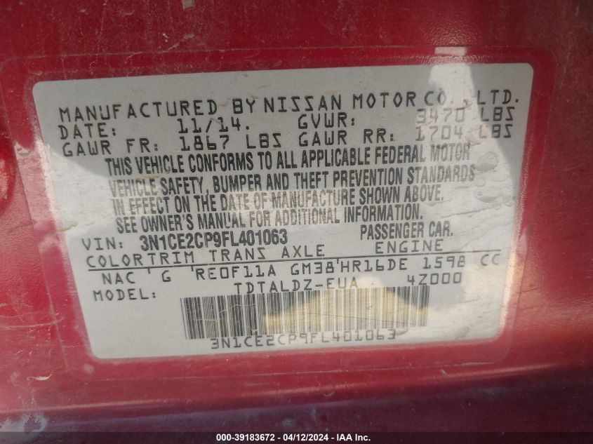 3N1CE2CP9FL401063 2015 Nissan Versa Note Sv