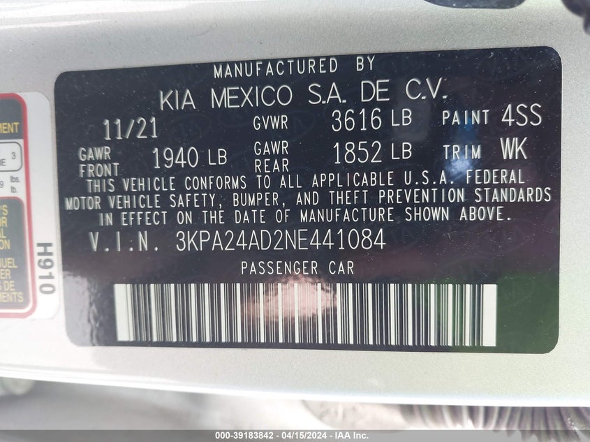 VIN 3KPA24AD2NE441084 2022 KIA RIO LX/S