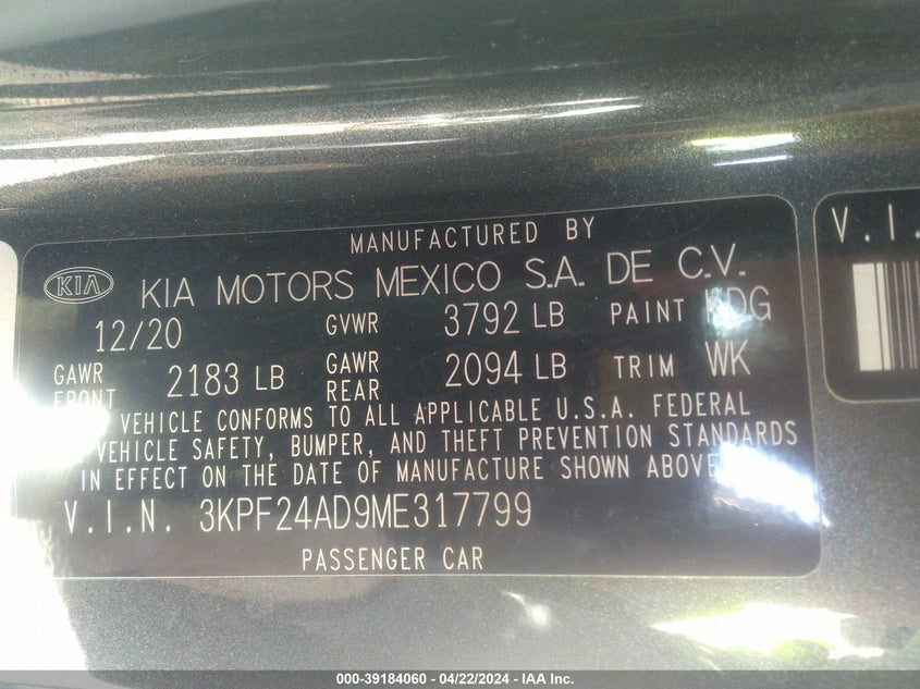 VIN 3KPF24AD9ME317799 2021 KIA FORTE FE/LXS