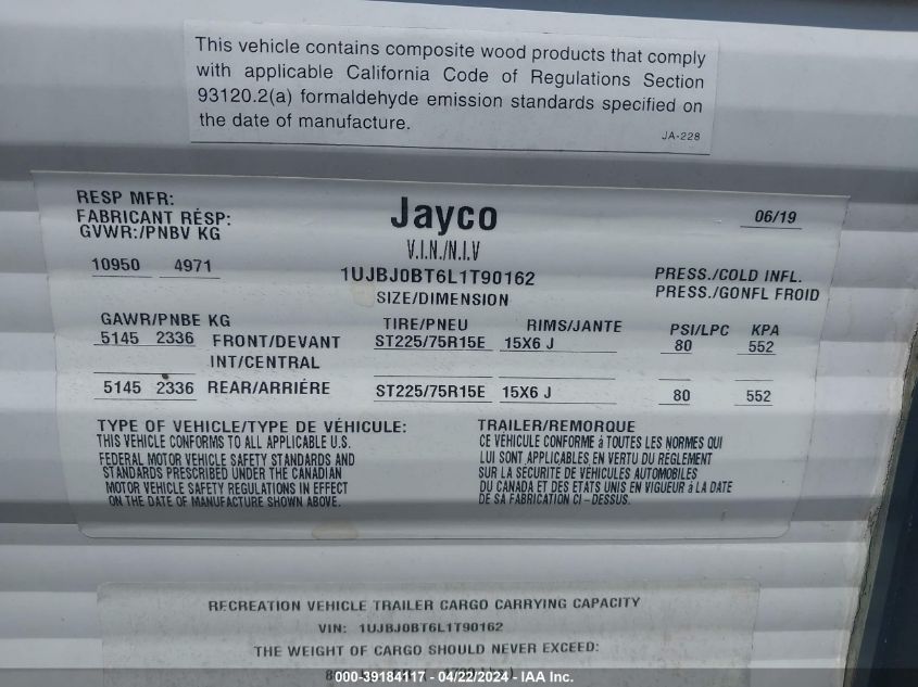 2020 Jay Flight 33Rbts VIN: 1UJBJ0BT6L1T90162 Lot: 39184117