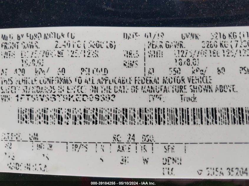 2019 Ford F-350 Xl VIN: 1FT8W3BT9KED99393 Lot: 39184255