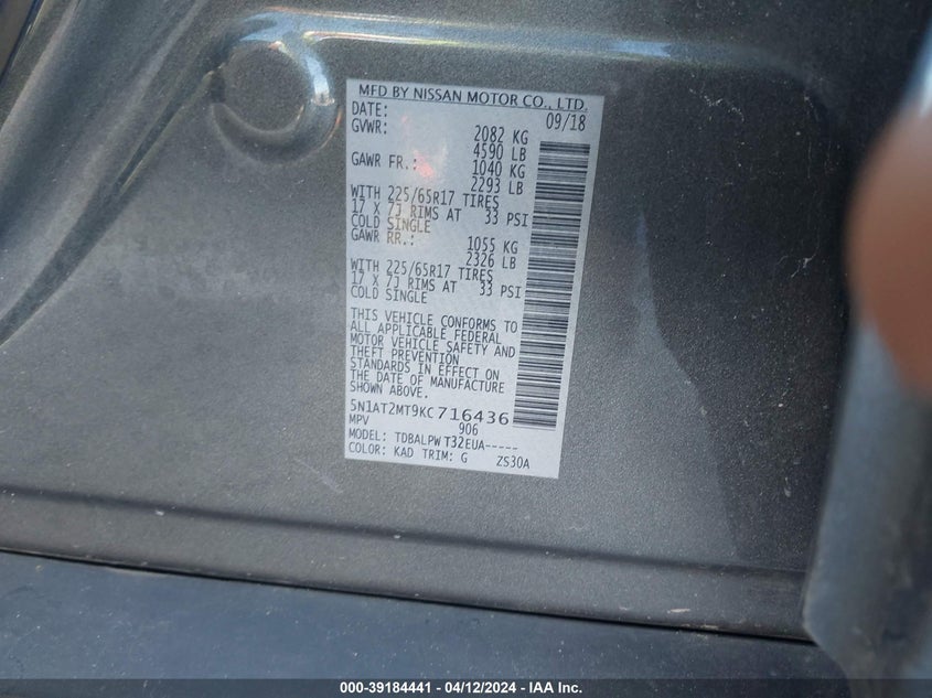 VIN 5N1AT2MT9KC716436 2019 NISSAN ROGUE S/SL/SV
