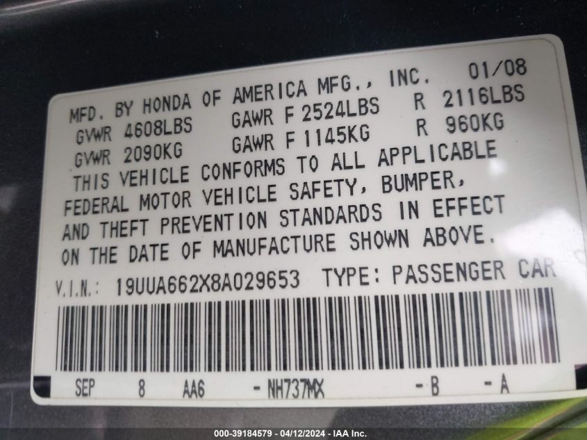 2008 Acura Tl 3.2 VIN: 19UUA662X8A029653 Lot: 39184579