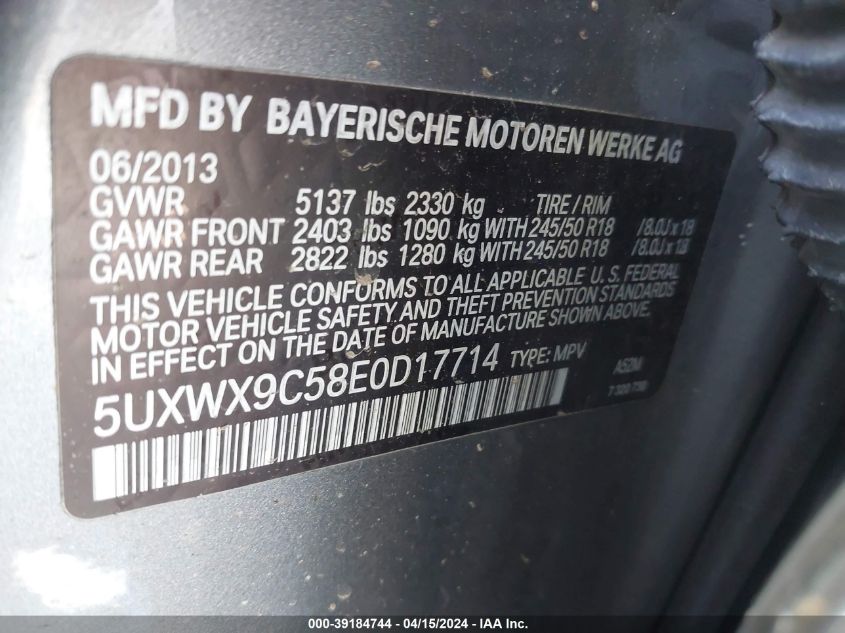 2014 BMW X3 XDRIVE28I - 5UXWX9C58E0D17714