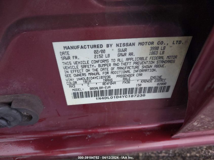 1N4DL01D4YC187236 | 2000 NISSAN ALTIMA