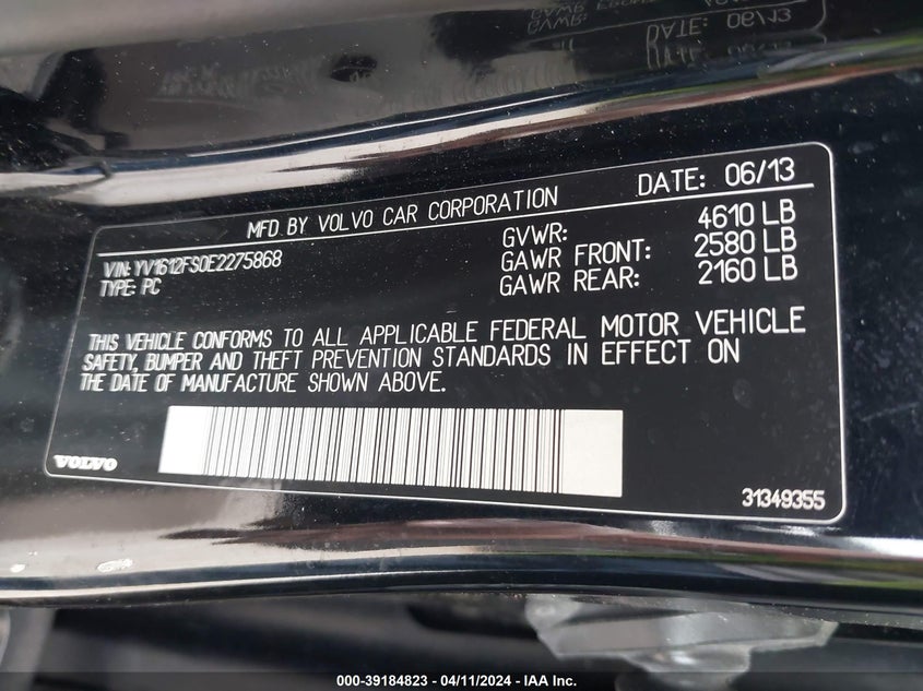 2014 VOLVO S60 T5/T5 PLATINUM/T5 PREMIER/T5 PREMIER PLUS - YV1612FS0E2275868