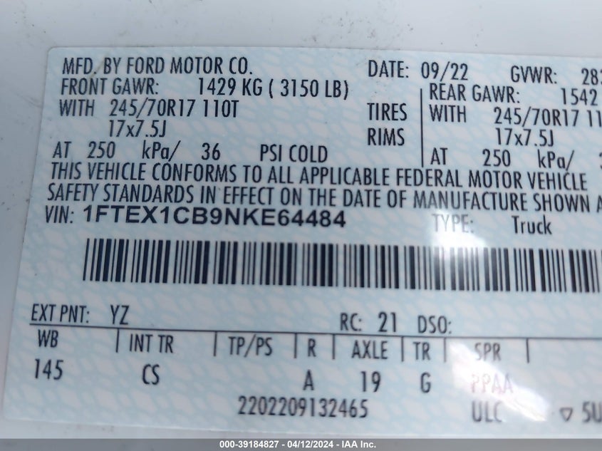 2022 FORD F-150 3.3L V-6 DI, DOHC, V(VIN: 1FTEX1CB9NKE64484