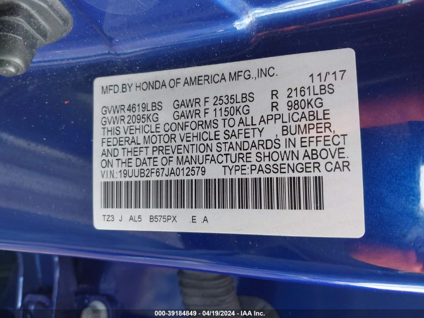 2018 Acura Tlx Tech A-Spec Pkgs VIN: 19UUB2F67JA012579 Lot: 39184849