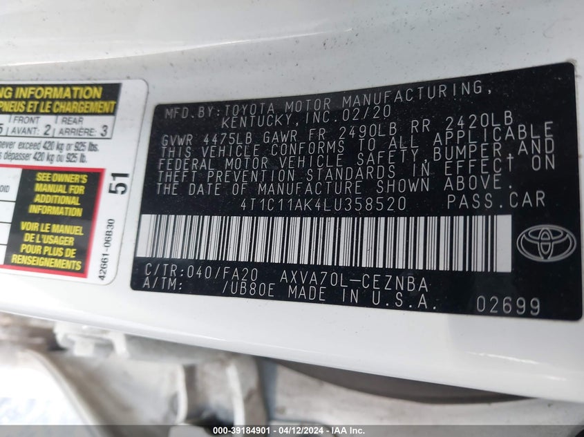 2020 TOYOTA CAMRY LE - 4T1C11AK4LU358520