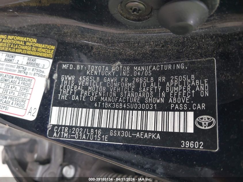 4T1BK36B45U030031 | 2005 TOYOTA AVALON