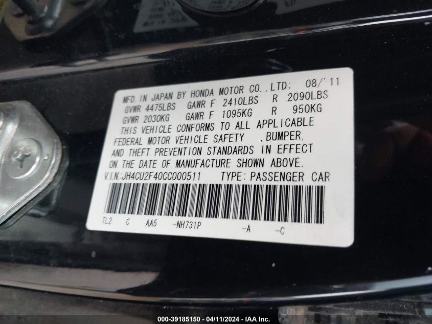 JH4CU2F40CC000511 | 2012 ACURA TSX