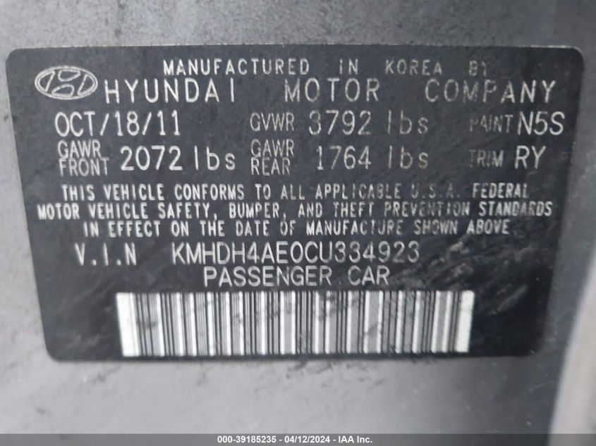 KMHDH4AE0CU334923 | 2012 HYUNDAI ELANTRA