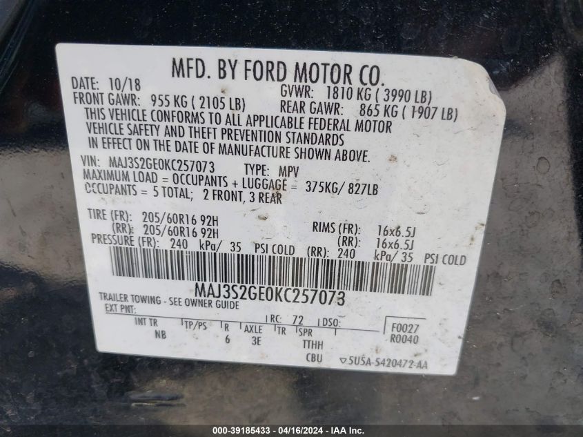 2019 Ford Ecosport Se VIN: MAJ3S2GE0KC257073 Lot: 39185433