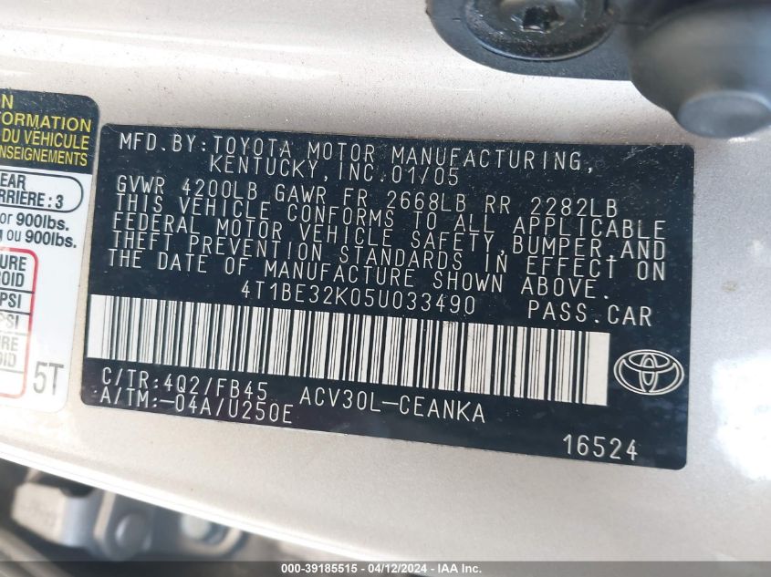 4T1BE32K05U033490 | 2005 TOYOTA CAMRY