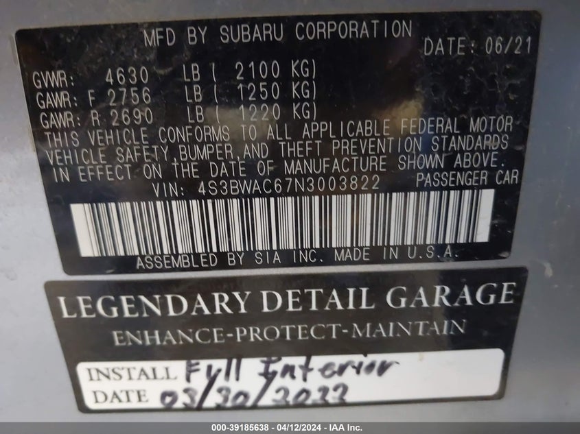 VIN 4S3BWAC67N3003822 2022 SUBARU LEGACY PREMIUM