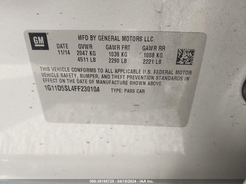 2015 CHEVROLET MALIBU 2LT - 1G11D5SL4FF230104