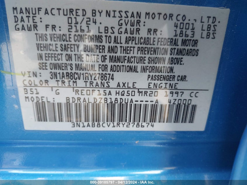 VIN 3N1AB8CV1RY278674 2024 NISSAN SENTRA SV XTRONIC CVT