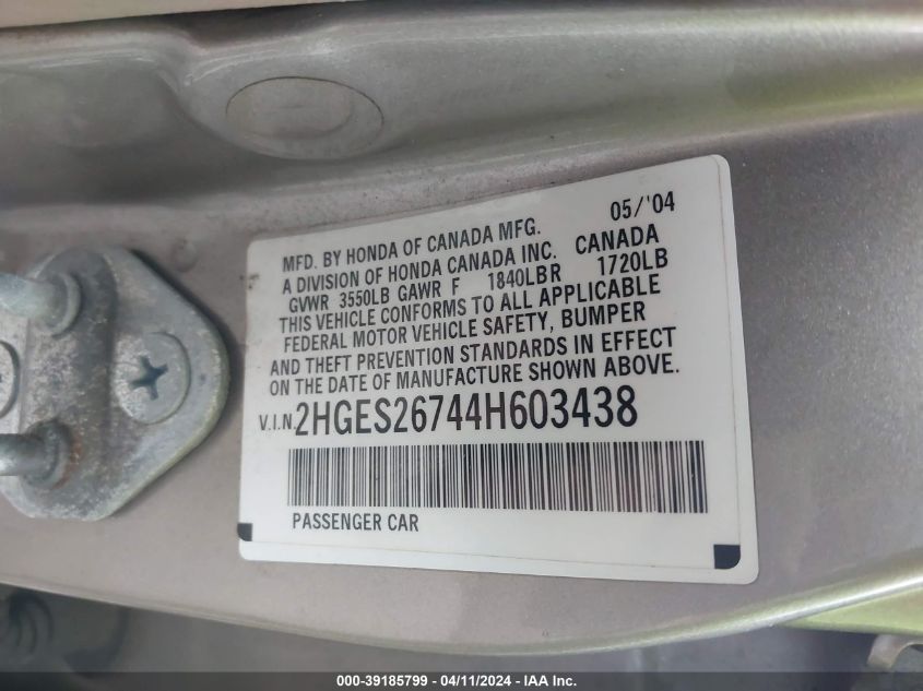 2HGES26744H603438 | 2004 HONDA CIVIC