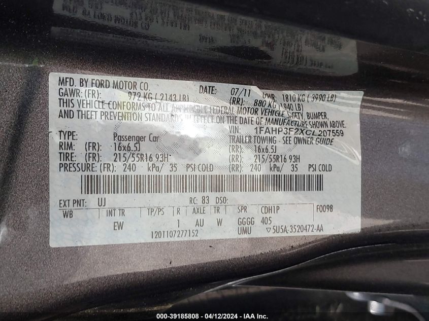 1FAHP3F2XCL207559 | 2012 FORD FOCUS