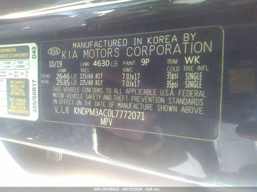 VIN KNDPM3AC0L7772071 2020 KIA SPORTAGE LX