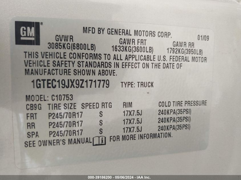 2009 GMC Sierra 1500 Work Truck VIN: 1GTEC19JX9Z171779 Lot: 39186200