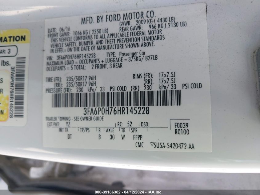 2017 Ford Fusion Se VIN: 3FA6P0H76HR145228 Lot: 39186382