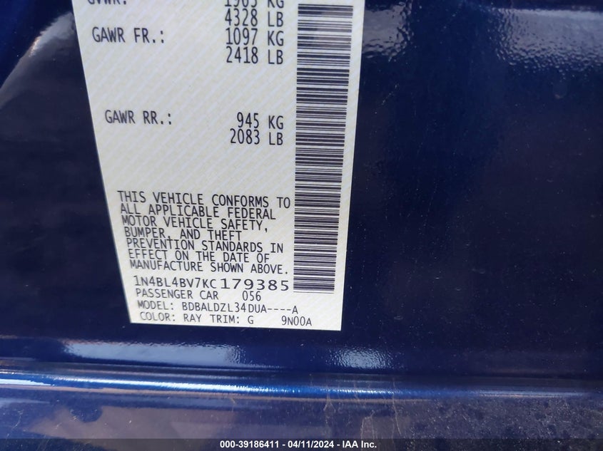 VIN 1N4BL4BV7KC179385 2019 NISSAN ALTIMA 2.5 S