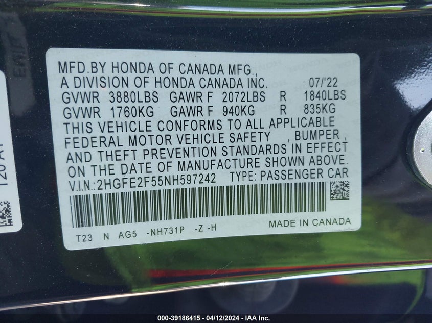 VIN 2HGFE2F55NH597242 2022 HONDA CIVIC SPORT