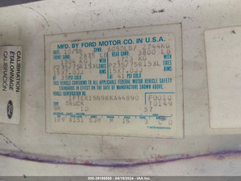 1989 Ford F150 VIN: 1FTEX15N9KKA44890 Lot: 39186588