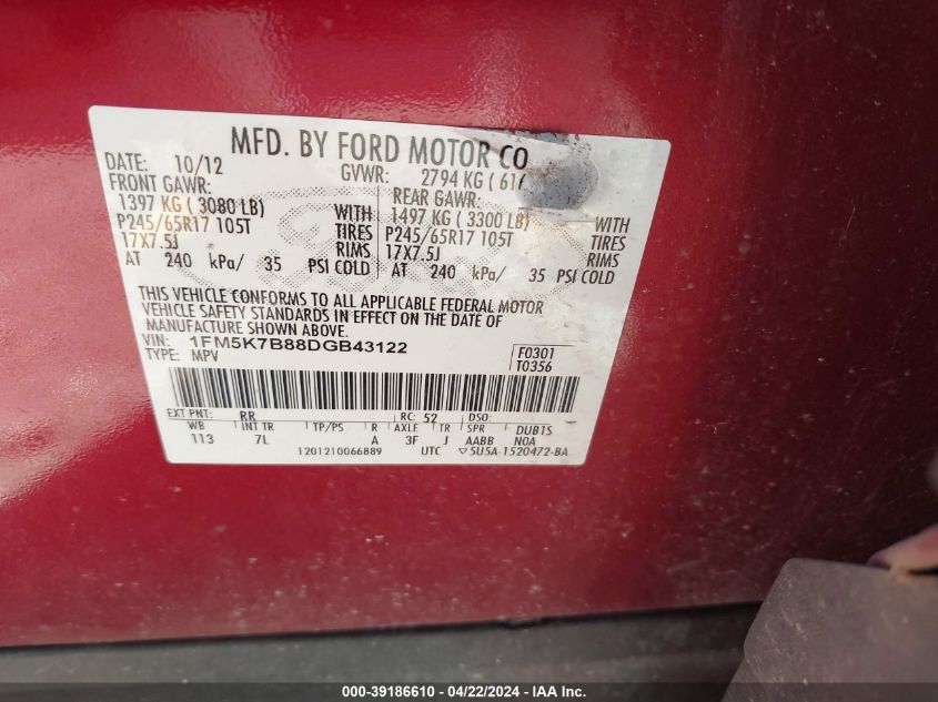 2013 Ford Explorer VIN: 1FM5K7B88DGB43122 Lot: 39186610