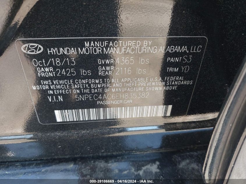 2014 Hyundai Sonata Limited VIN: 5NPEC4AC6EH835382 Lot: 39186669