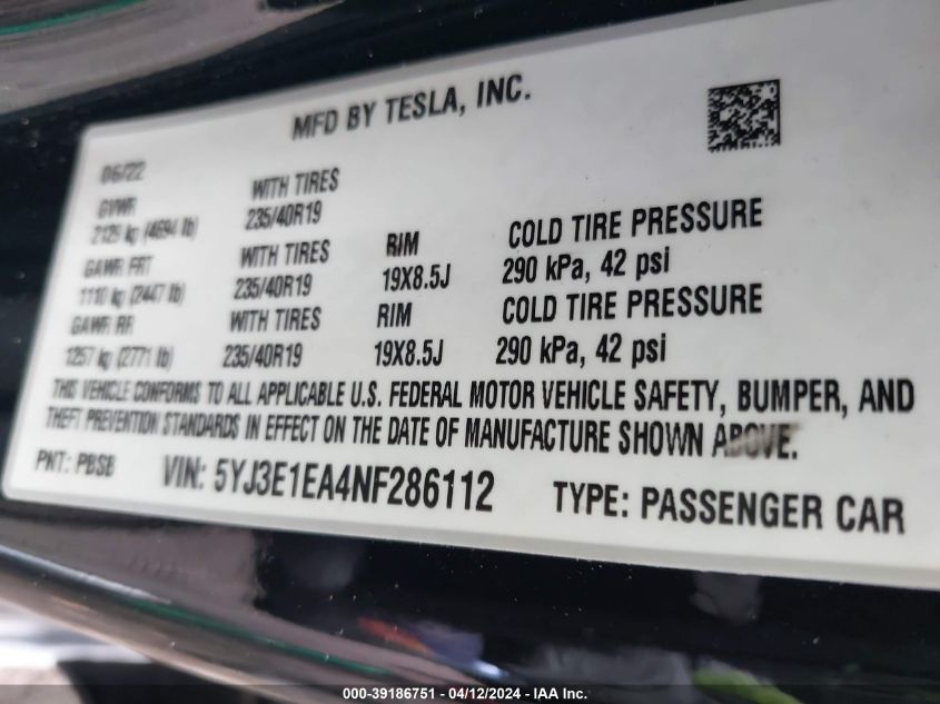 5YJ3E1EA4NF286112 | 2022 TESLA MODEL 3