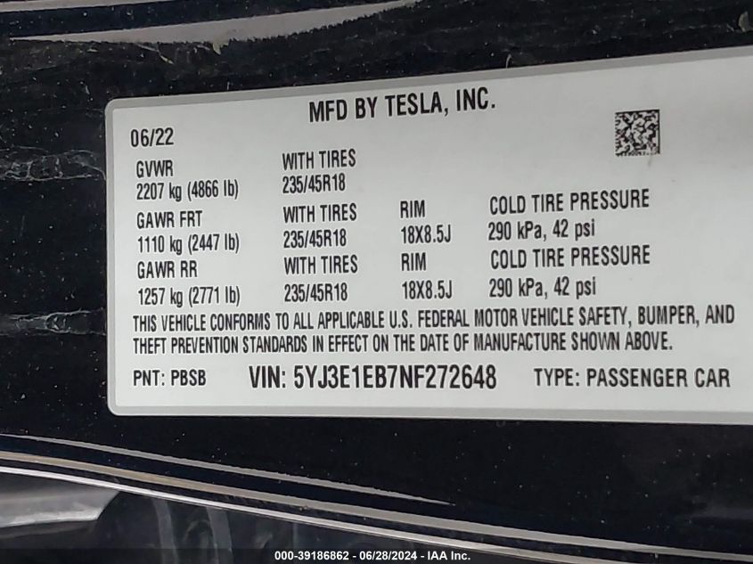 2022 Tesla Model 3 Long Range Dual Motor All-Wheel Drive VIN: 5YJ3E1EB7NF272648 Lot: 39186862