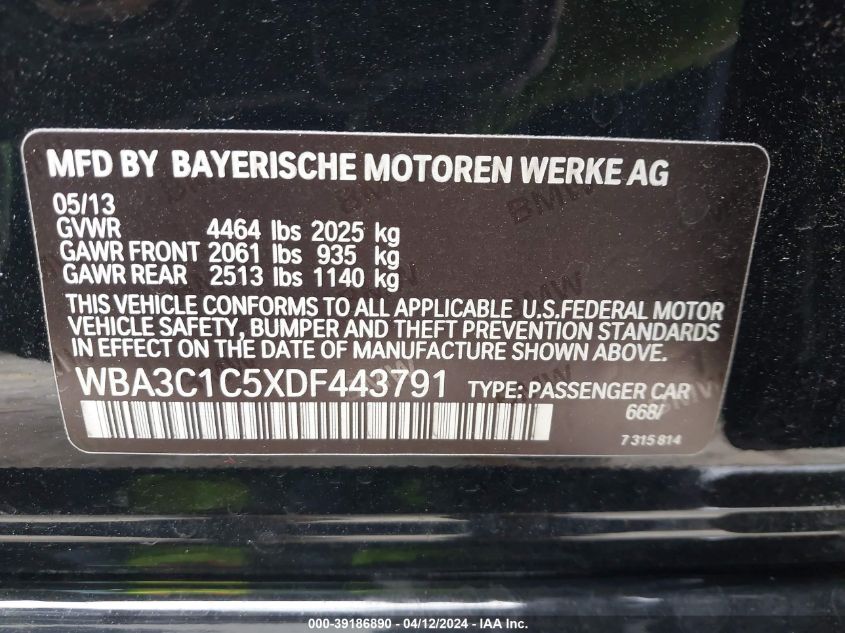 2013 BMW 328I VIN: WBA3C1C5XDF443791 Lot: 39186890