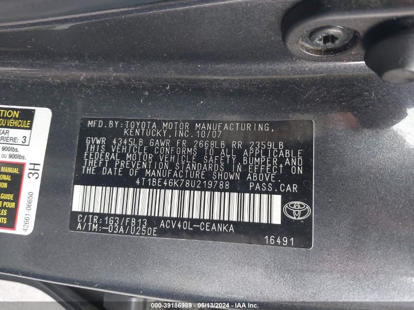 2008 Toyota Camry Le VIN: 4T1BE46K78U219788 Lot: 39186989