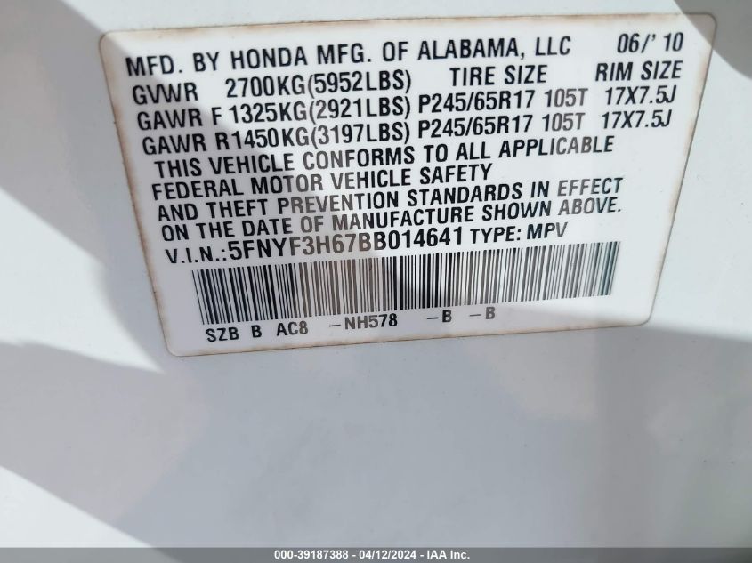 5FNYF3H67BB014641 2011 Honda Pilot Ex-L