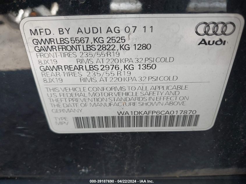 2012 Audi Q5 3.2 Premium Plus VIN: WA1DKAFP6CA017870 Lot: 39187690