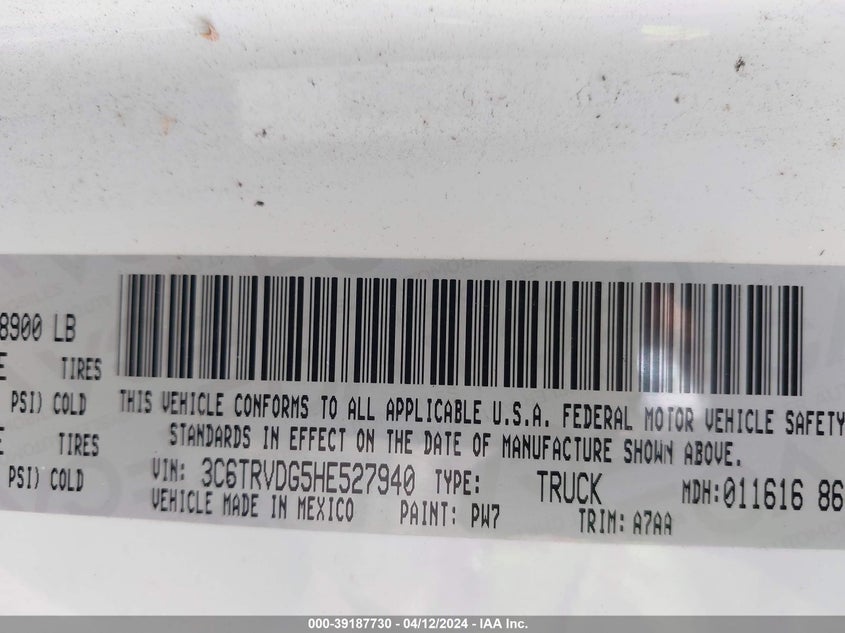 2017 RAM PROMASTER 2500 HIGH ROOF 159 WB 3C6TRVDG5HE527940