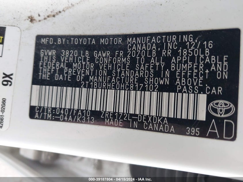 VIN 2T1BURHE0HC817102 2017 TOYOTA COROLLA L/LE/XLE/SE/XSE