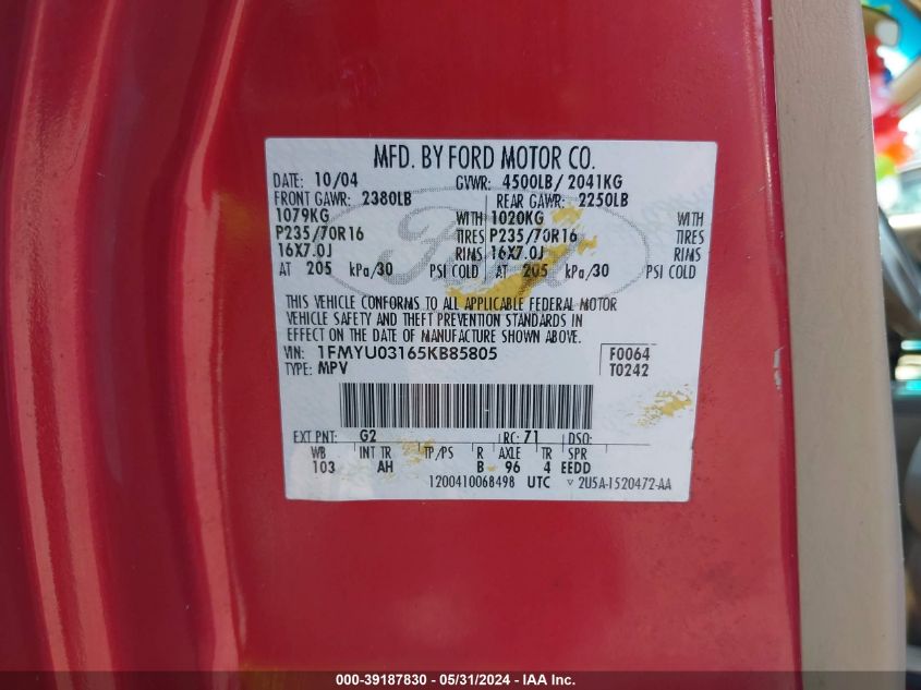 2005 Ford Escape Xlt VIN: 1FMYU03165KB85805 Lot: 39187830