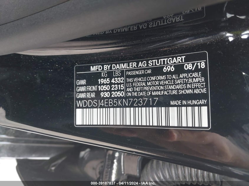 VIN WDDSJ4EB5KN723717 2019 MERCEDES-BENZ CLA 250