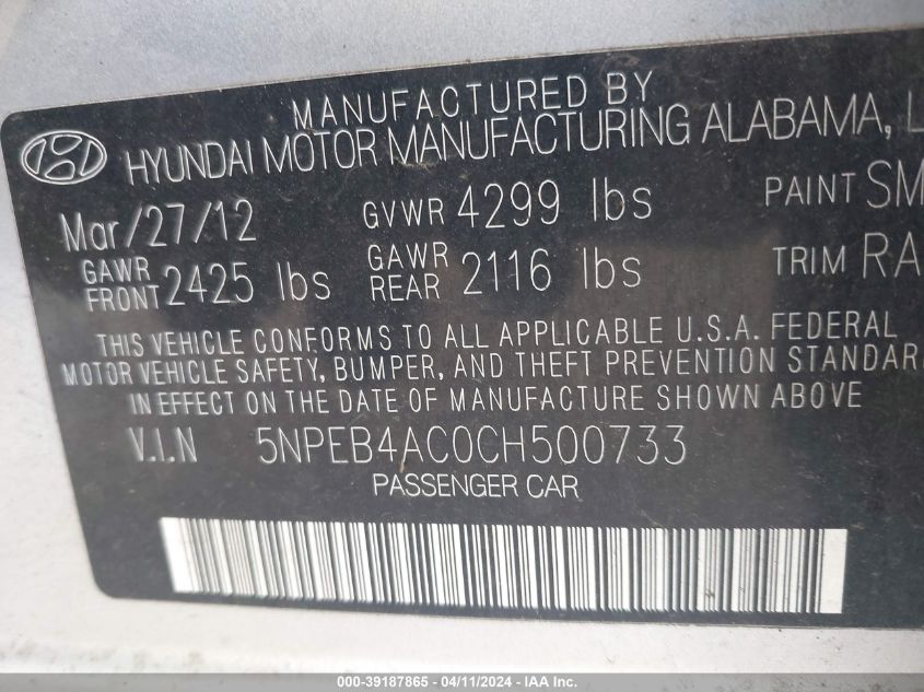 5NPEB4AC0CH500733 | 2012 HYUNDAI SONATA