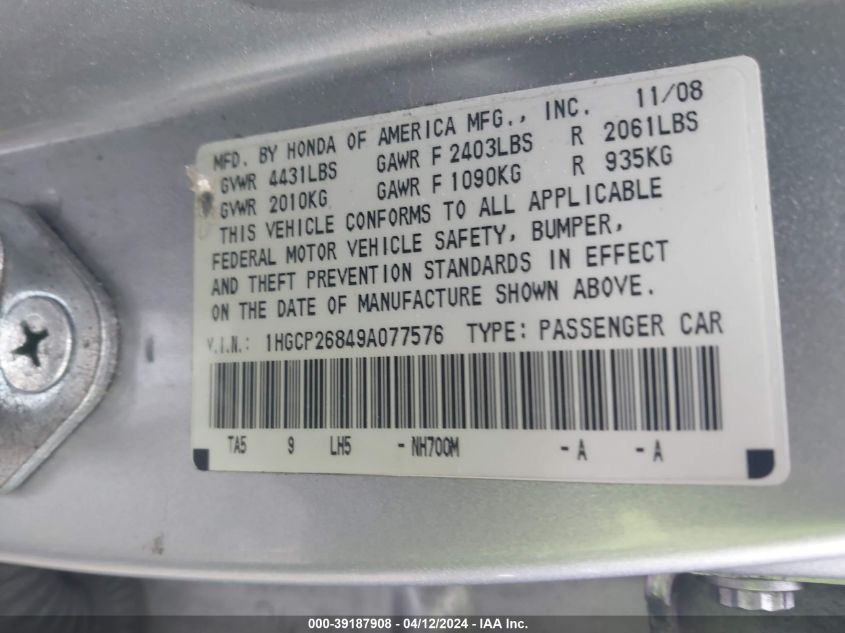 1HGCP26849A077576 | 2009 HONDA ACCORD