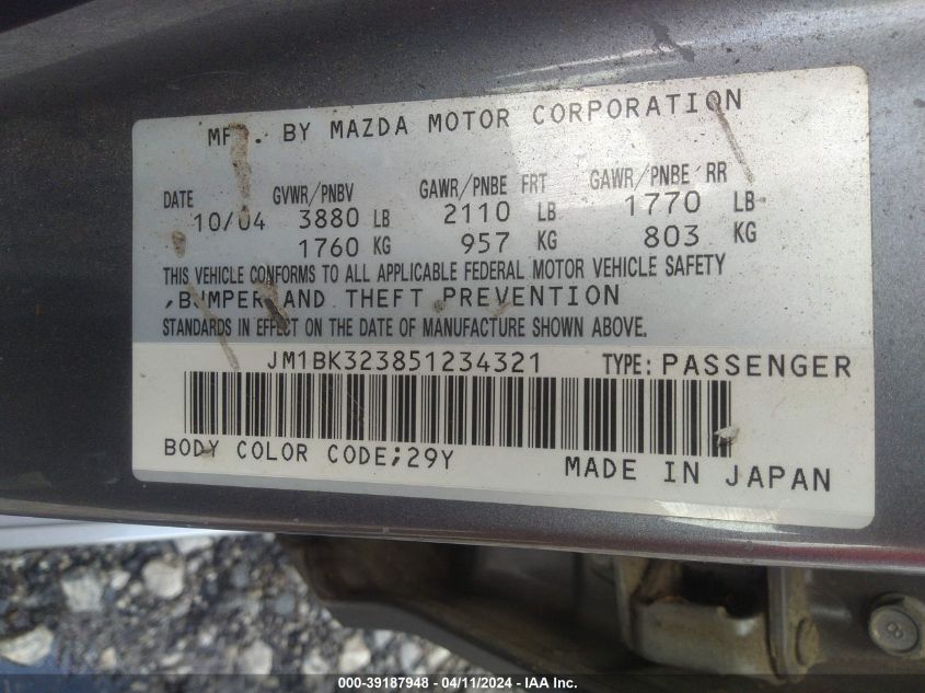 JM1BK323851234321 | 2005 MAZDA MAZDA3