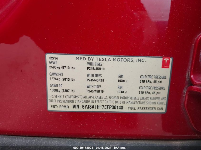 5YJSA1H17EFP30148 2014 Tesla Model S P85